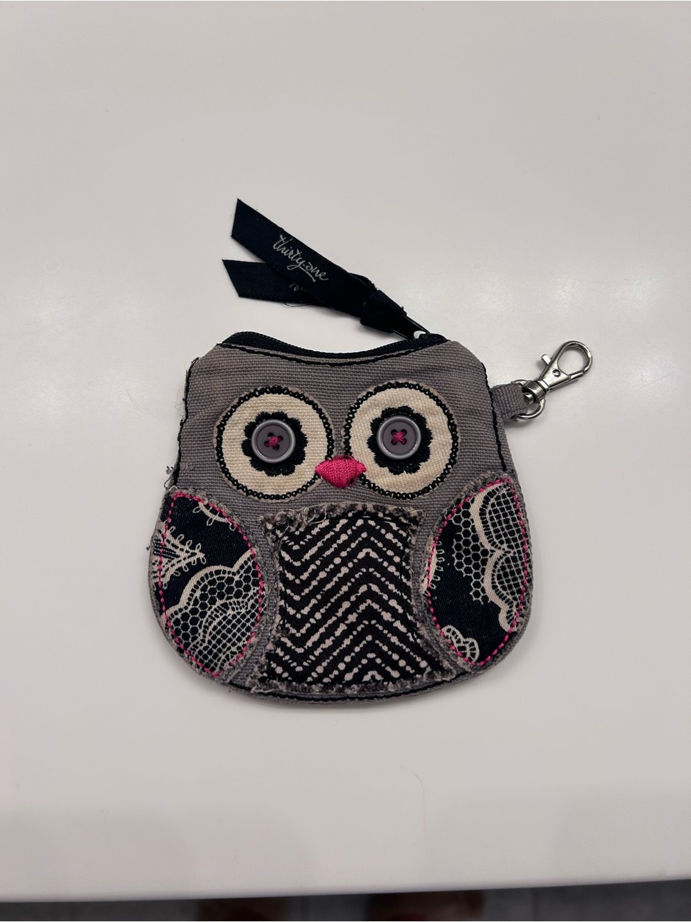 thirty-one Gray Owl Coin Pouch with Pink Accents